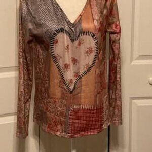 Soft Silky Long Sleeve Patchwork Print Top ~ Size Medium